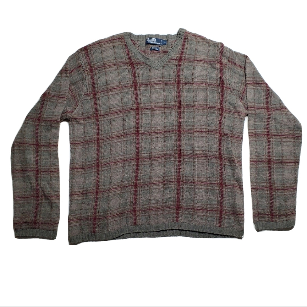 Polo Ralph Lauren Indian Aztec Checkered Neck Linen Silk Cotton Sweater VTG SZ L